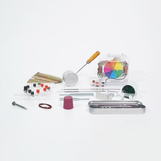 Physics lab equipment for experiments in motion, electricity and optics