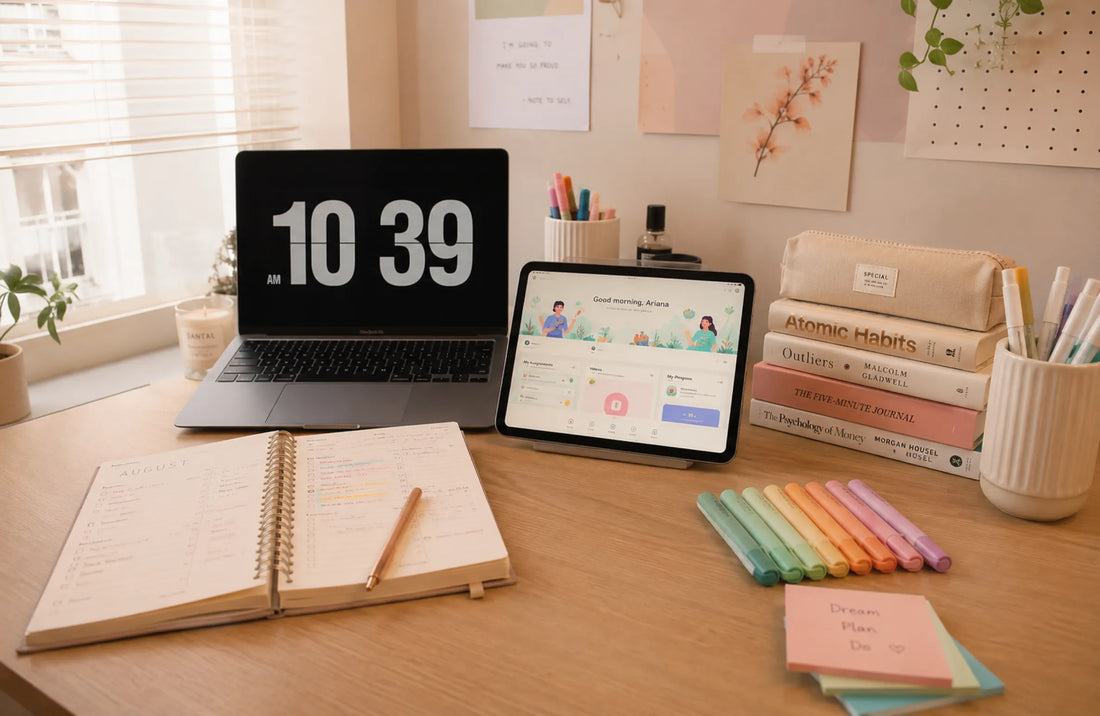 Back-to-school study setup featuring a laptop, tablet with an online learning platform, notebook, colorful highlighters, sticky notes, and books on a tidy desk, illustrating smart learning tools for a successful academic year.