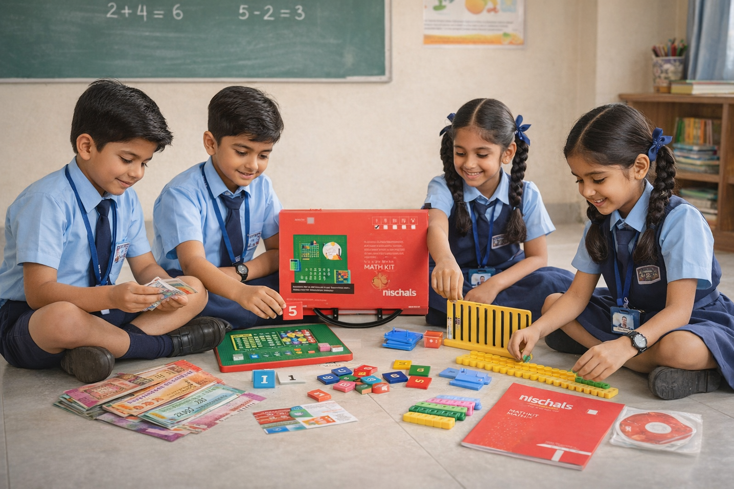 Four schoolchildren in blue uniforms sit on a classroom floor using a hands-on math kit with colorful number blocks, counting rods, play money, and activity boards to learn basic mathematics.