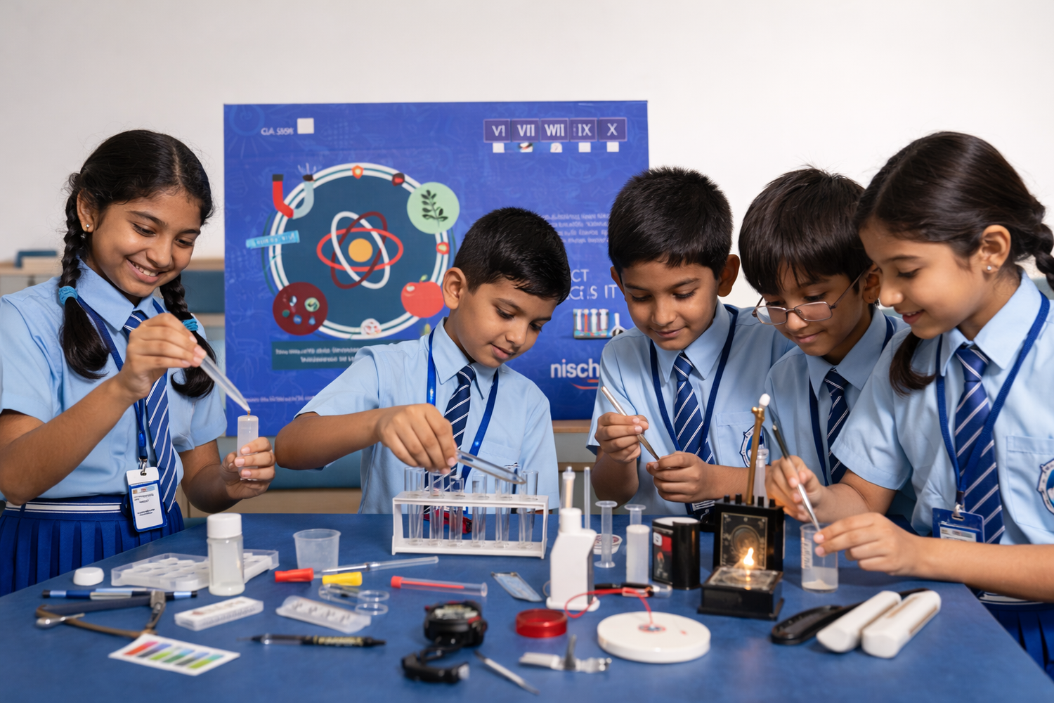 Group of school children in blue uniforms performing science experiments in a classroom laboratory using test tubes, droppers, and educational science equipment while smiling and collaborating together.
