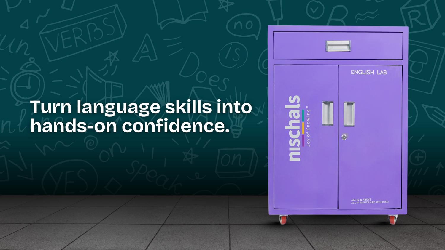 Purple English language lab cabinet on wheels in a classroom-themed setting, with the text “Turn language skills into hands-on confidence” displayed against a chalkboard-style background featuring language learning illustrations and educational icons.