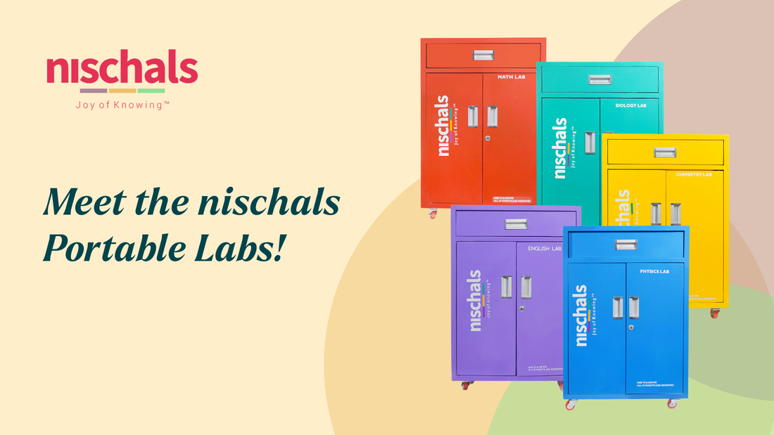 Promotional graphic showcasing Nischals Portable Labs, featuring colorful mobile laboratory cabinets for Math, Biology, Chemistry, Physics, and English education.
