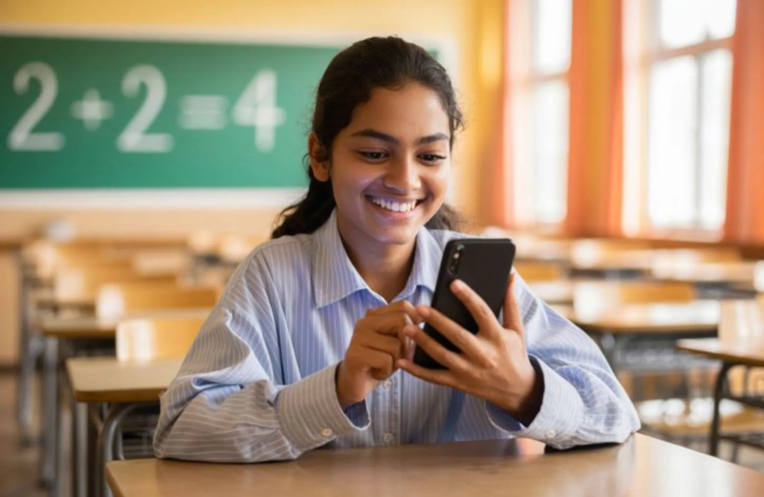 CBSE aligned summer activities for students featuring a smiling schoolgirl using a smartphone while sitting in a bright classroom.