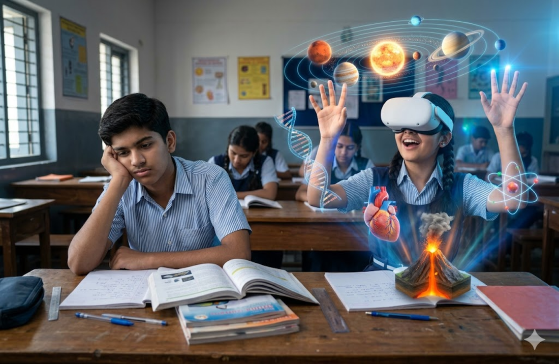 Student using VR headset in classroom while classmates study from textbooks, showing VR vs traditional learning methods in education.